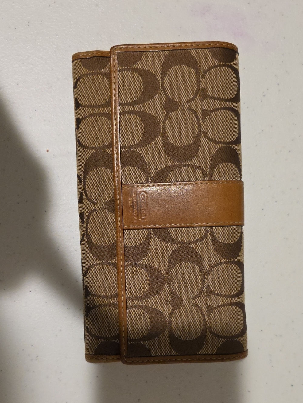 Coach Brown Signature Canvas Continental Wallet with Leather Strap